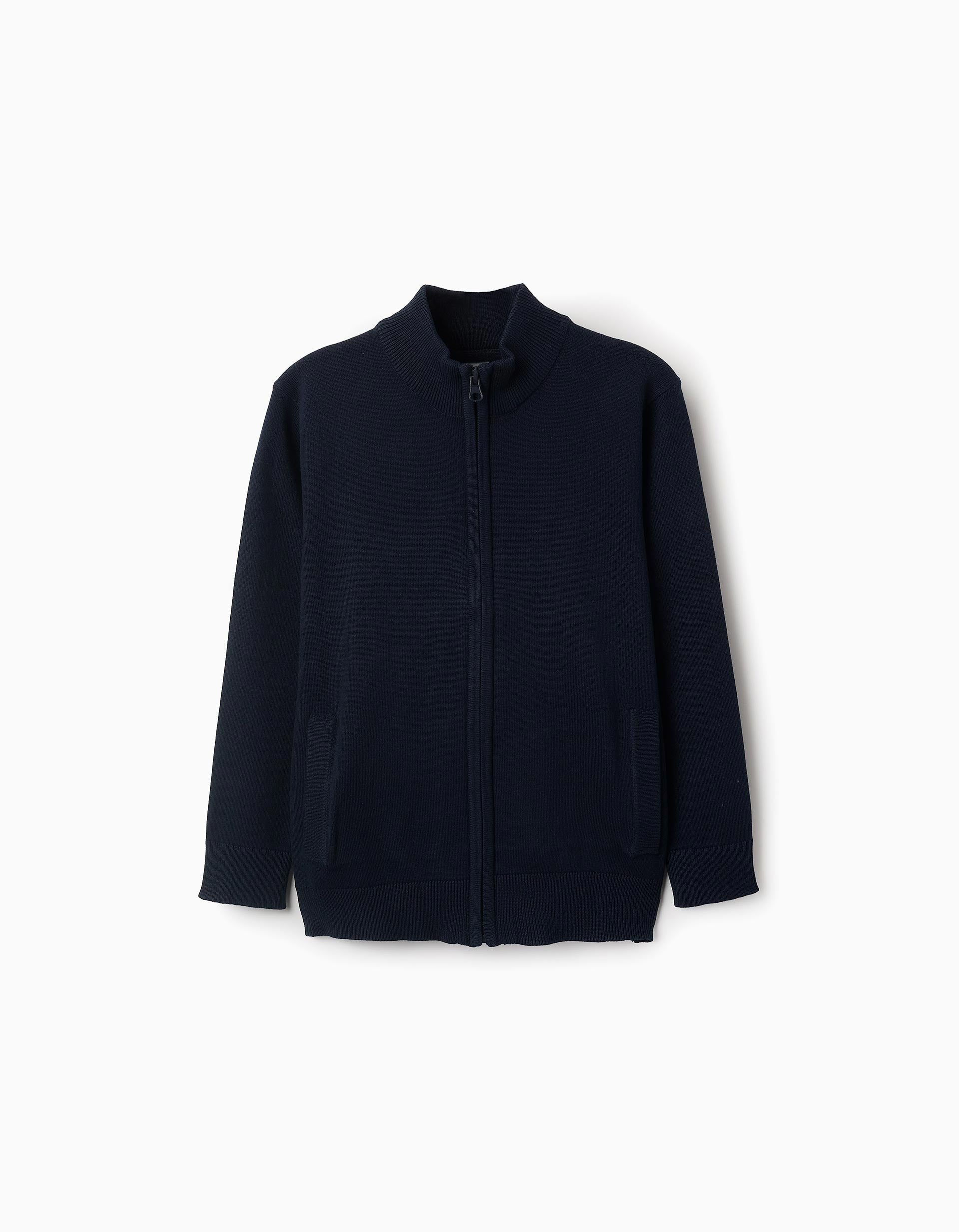 Dark Green Cotton Hooded Jacket with Textured Embroidery for Boys