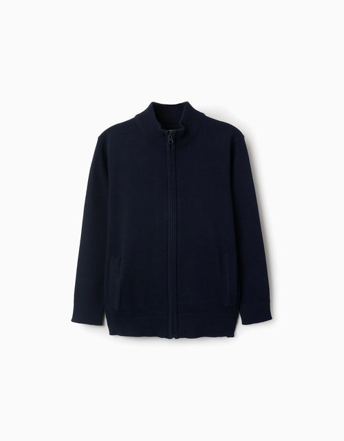 Dark Green Cotton Hooded Jacket with Textured Embroidery for Boys