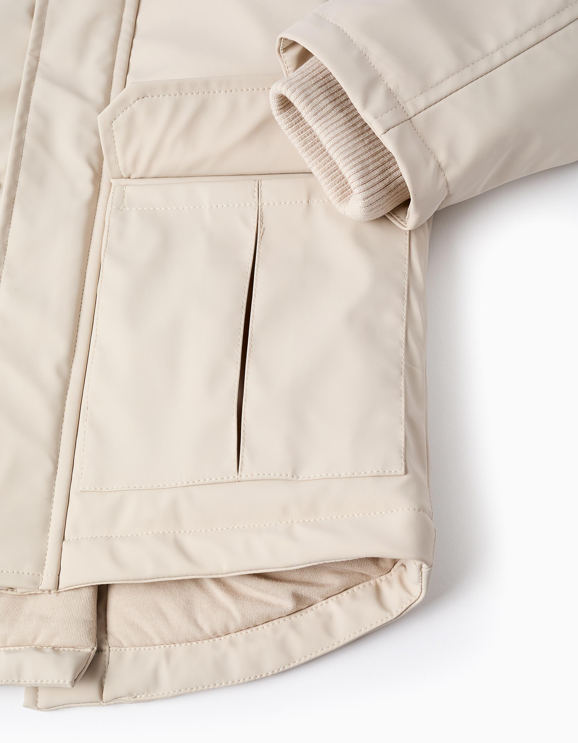 Hooded Rubber Parka with Jersey Lining for Boys, Beige