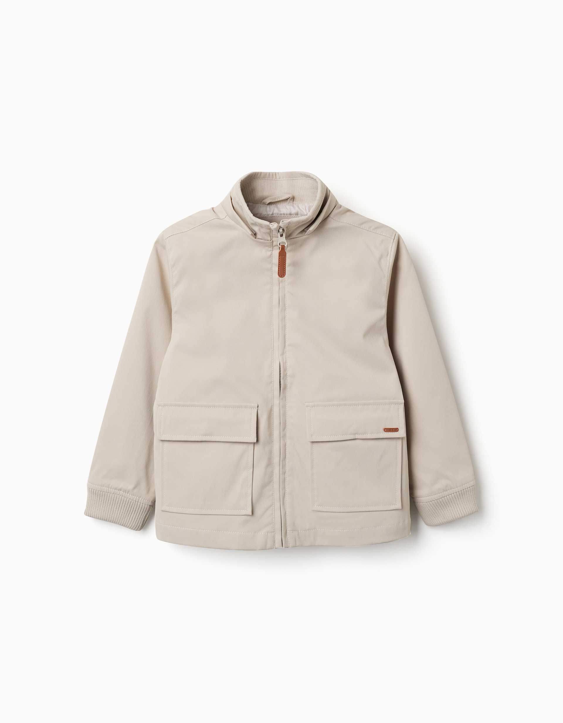 Jacket with lining and removable hood for boys, light beige