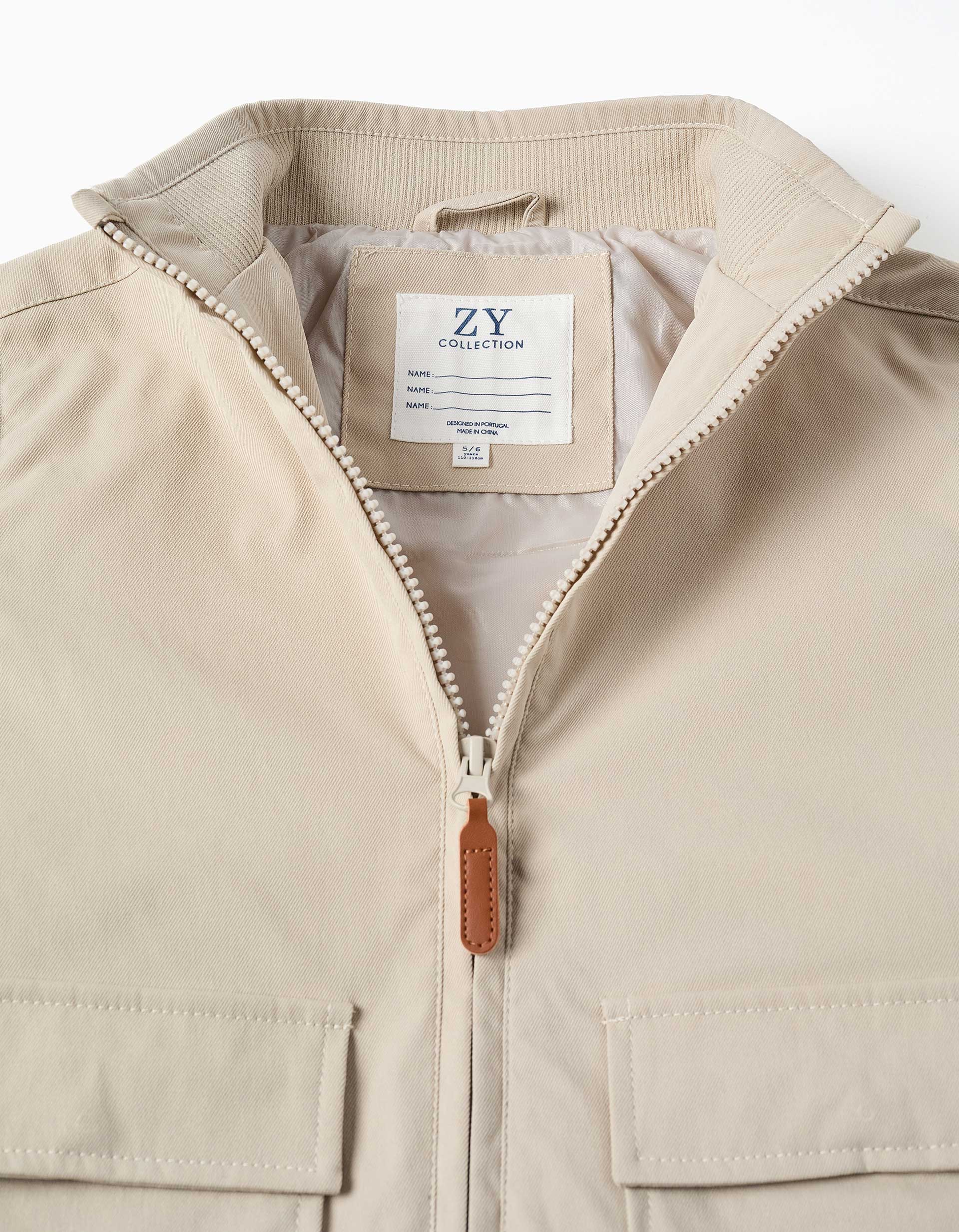 Jacket with lining and removable hood for boys, light beige