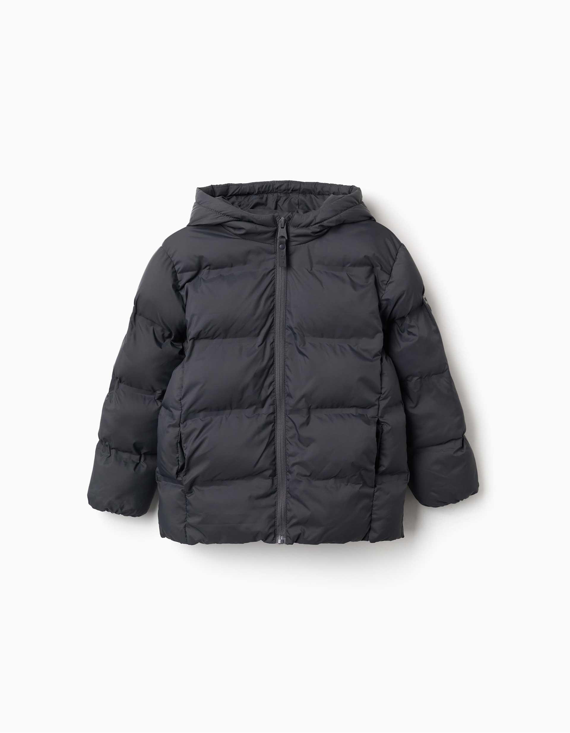 Hooded thermal quilted jacket with pockets for boys, dark grey