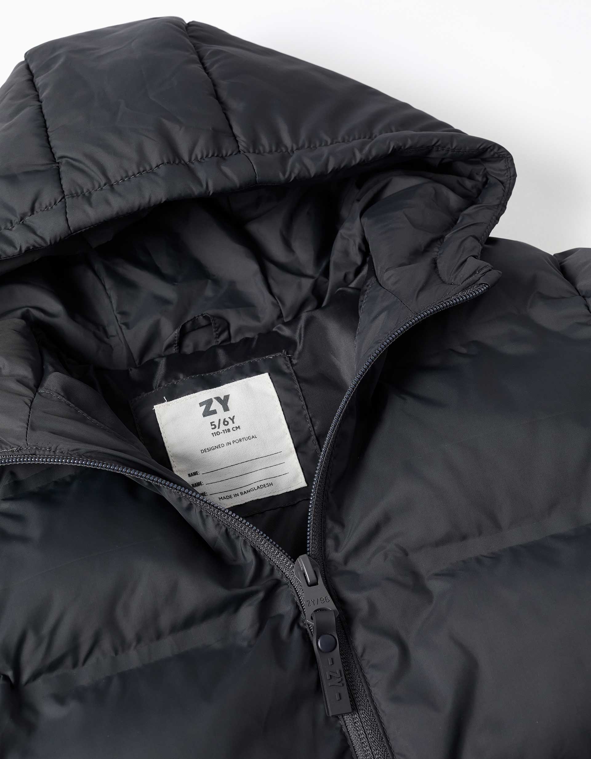 Hooded thermal quilted jacket with pockets for boys, dark grey