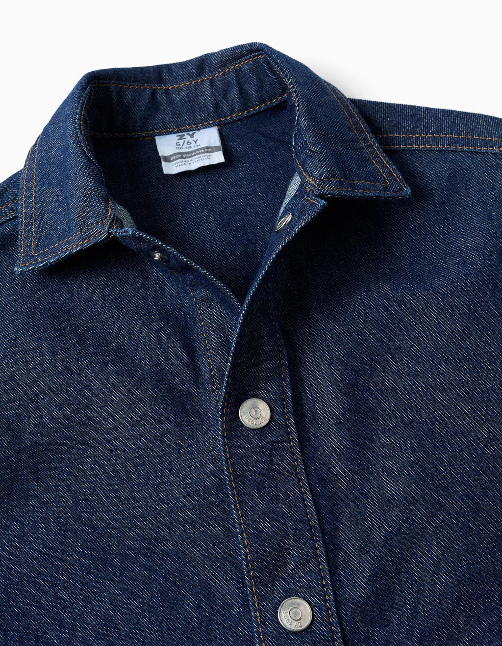 Denim overshirt with front pockets for boys, dark blue