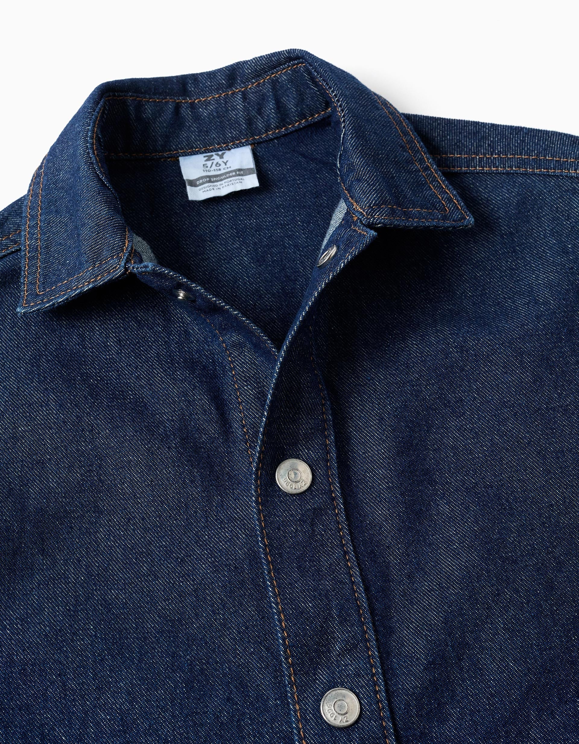 Denim overshirt with front pockets for boys, dark blue
