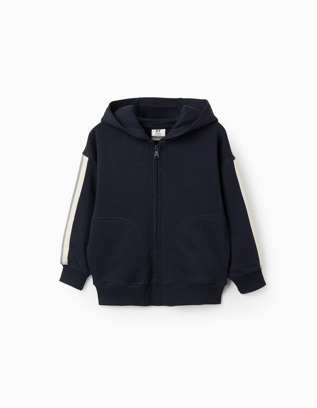 Cotton hooded jacket with striped tape for boys, navy blue/beige/green
