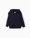 Cotton hooded jacket with striped tape for boys, navy blue/beige/green