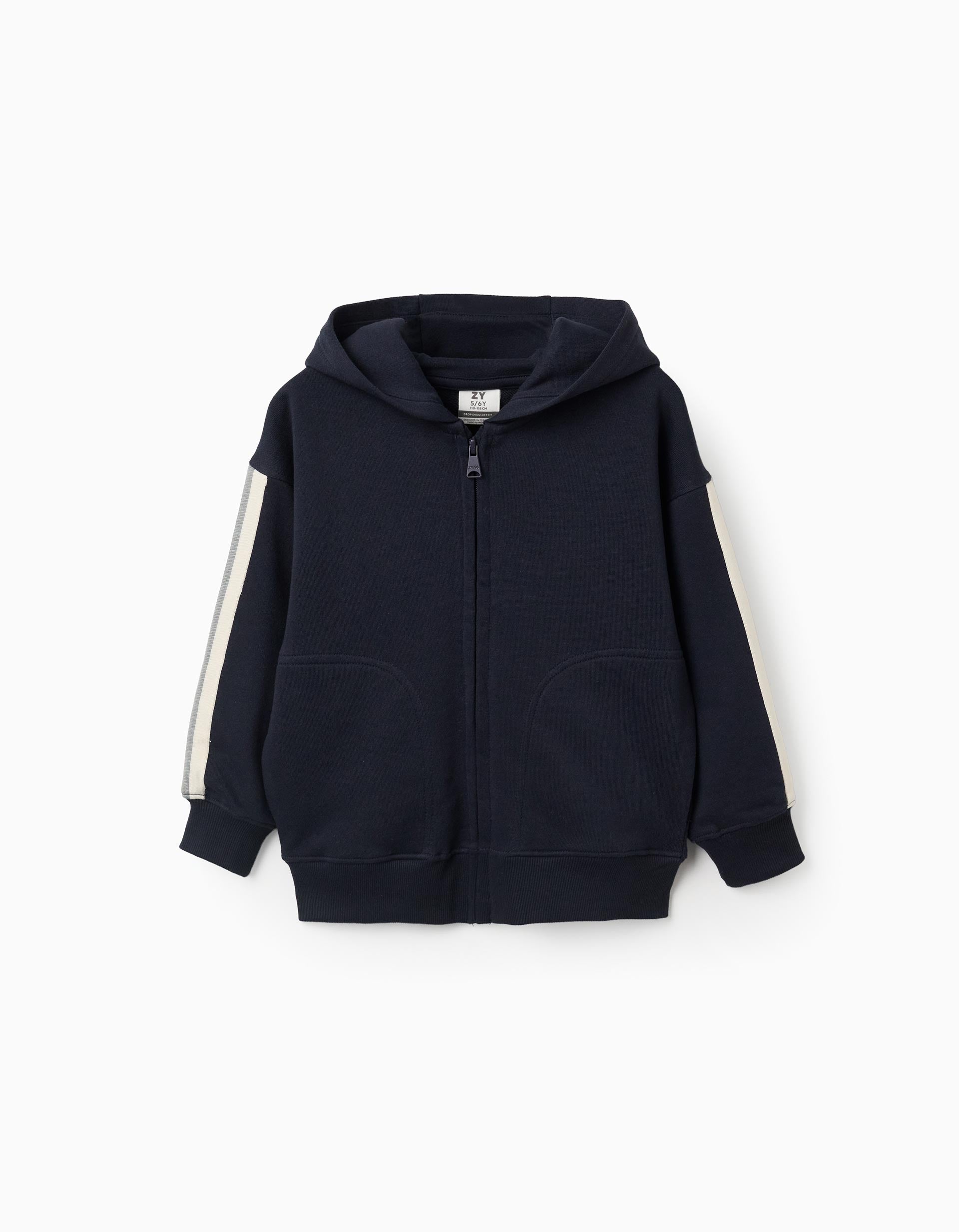 Cotton hooded jacket with striped tape for boys, navy blue/beige/green