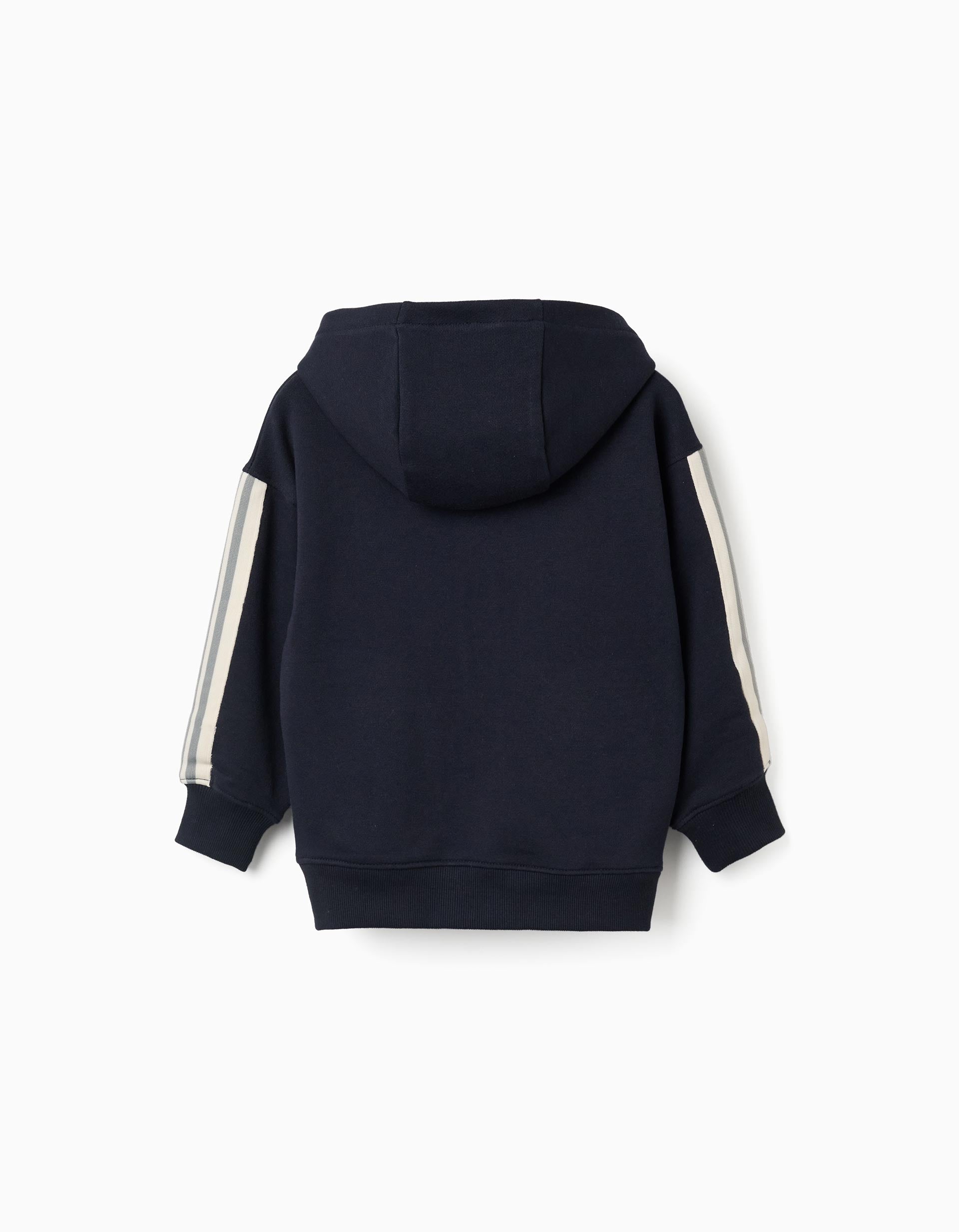 Cotton hooded jacket with striped tape for boys, navy blue/beige/green