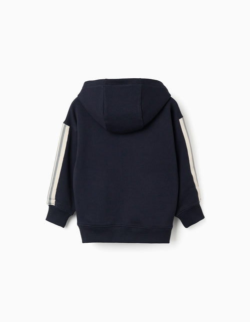 Cotton hooded jacket with striped tape for boys, navy blue/beige/green