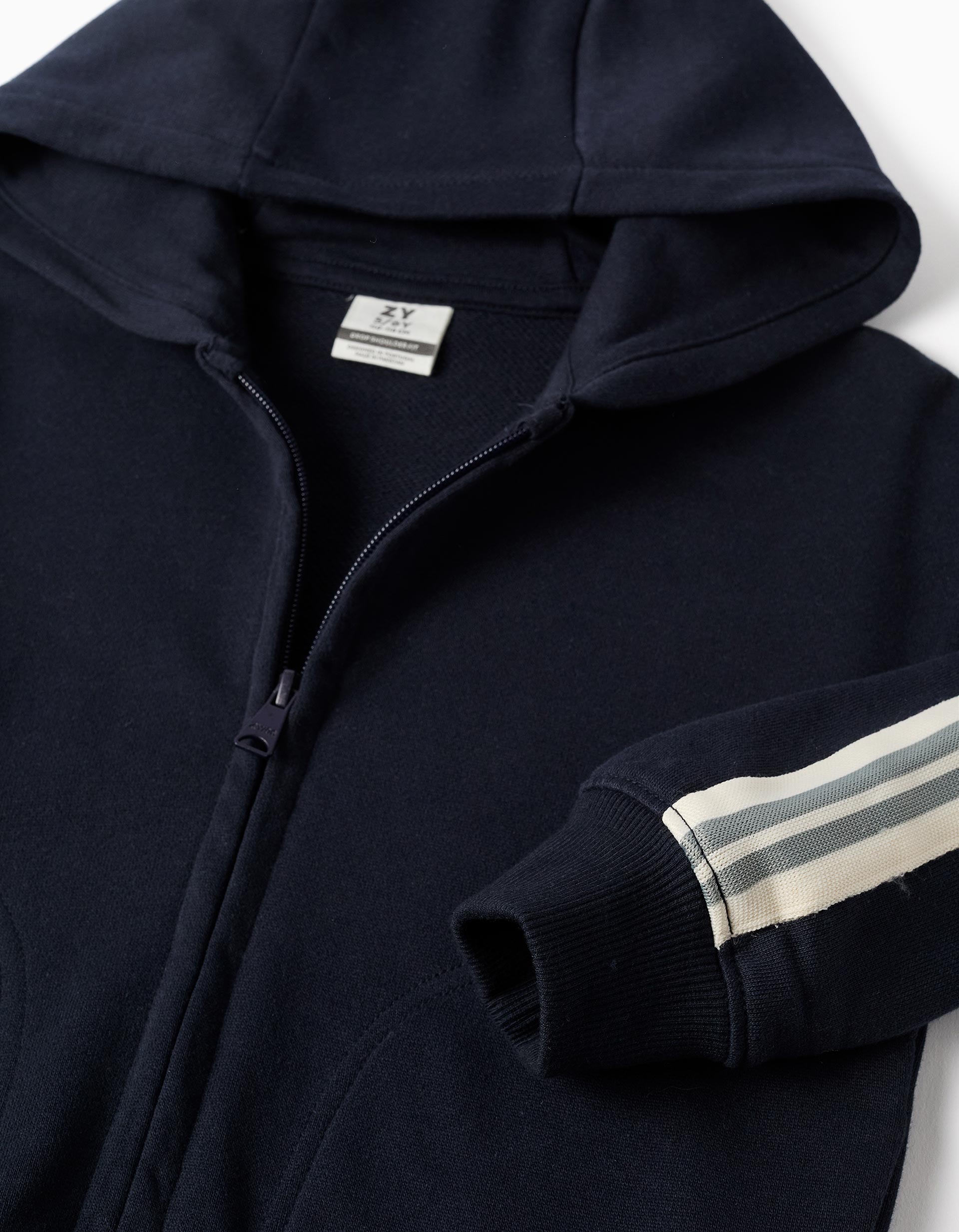 Cotton hooded jacket with striped tape for boys, navy blue/beige/green