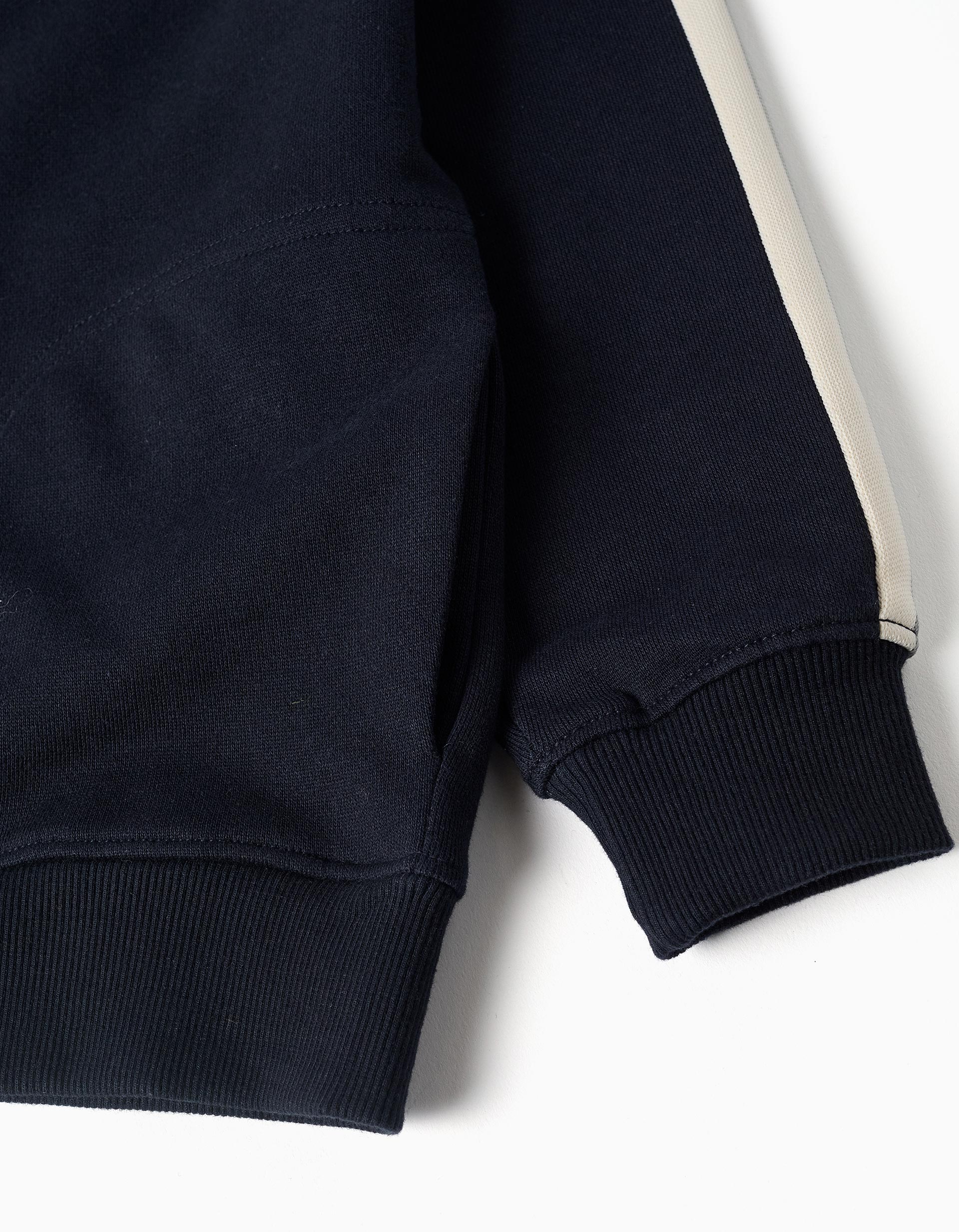 Cotton hooded jacket with striped tape for boys, navy blue/beige/green