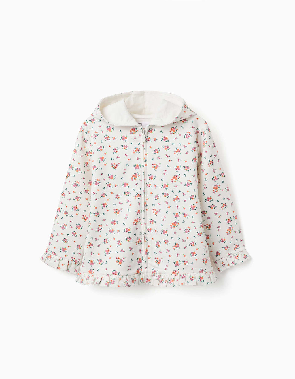 Hooded fleece jacket with floral pattern for girls, white