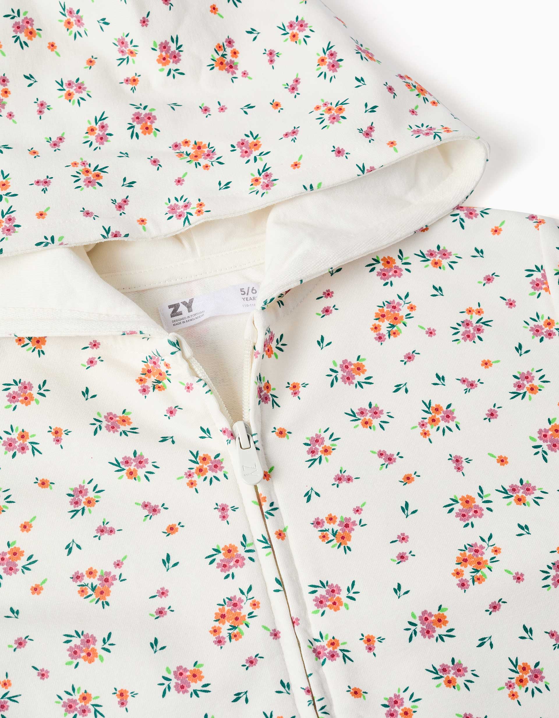 Hooded fleece jacket with floral pattern for girls, white