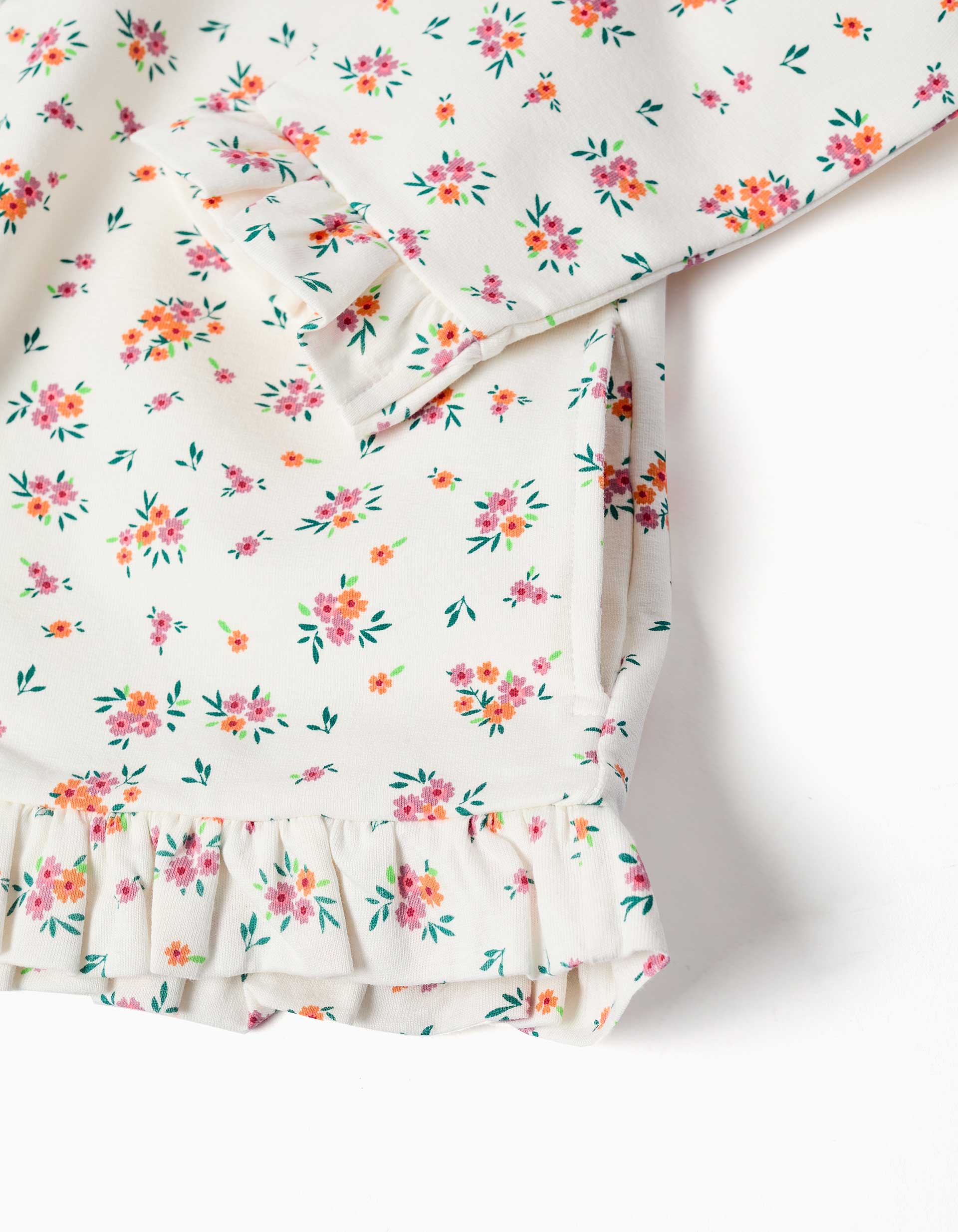 Hooded fleece jacket with floral pattern for girls, white
