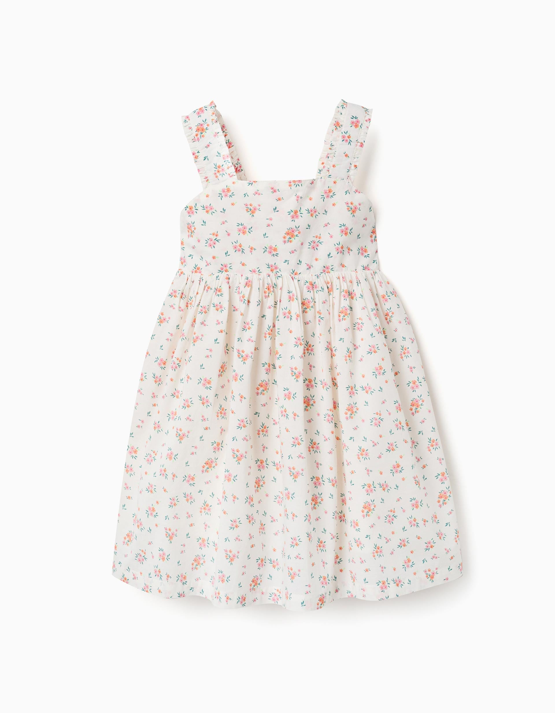 Sleeveless cotton dress with floral pattern for girls, light beige