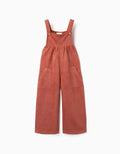 Wide leg interlock knit dungarees with pockets for girls, terracotta