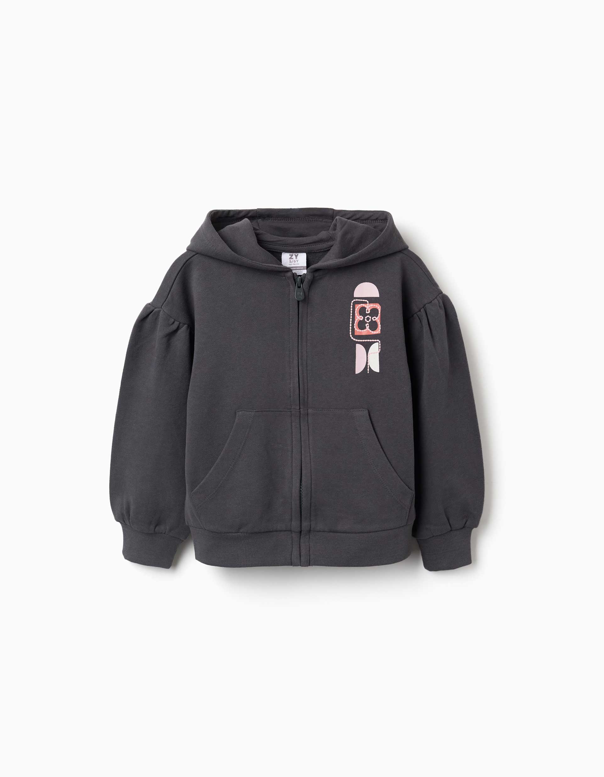 Cotton hooded jacket with flower print for girls, dark grey