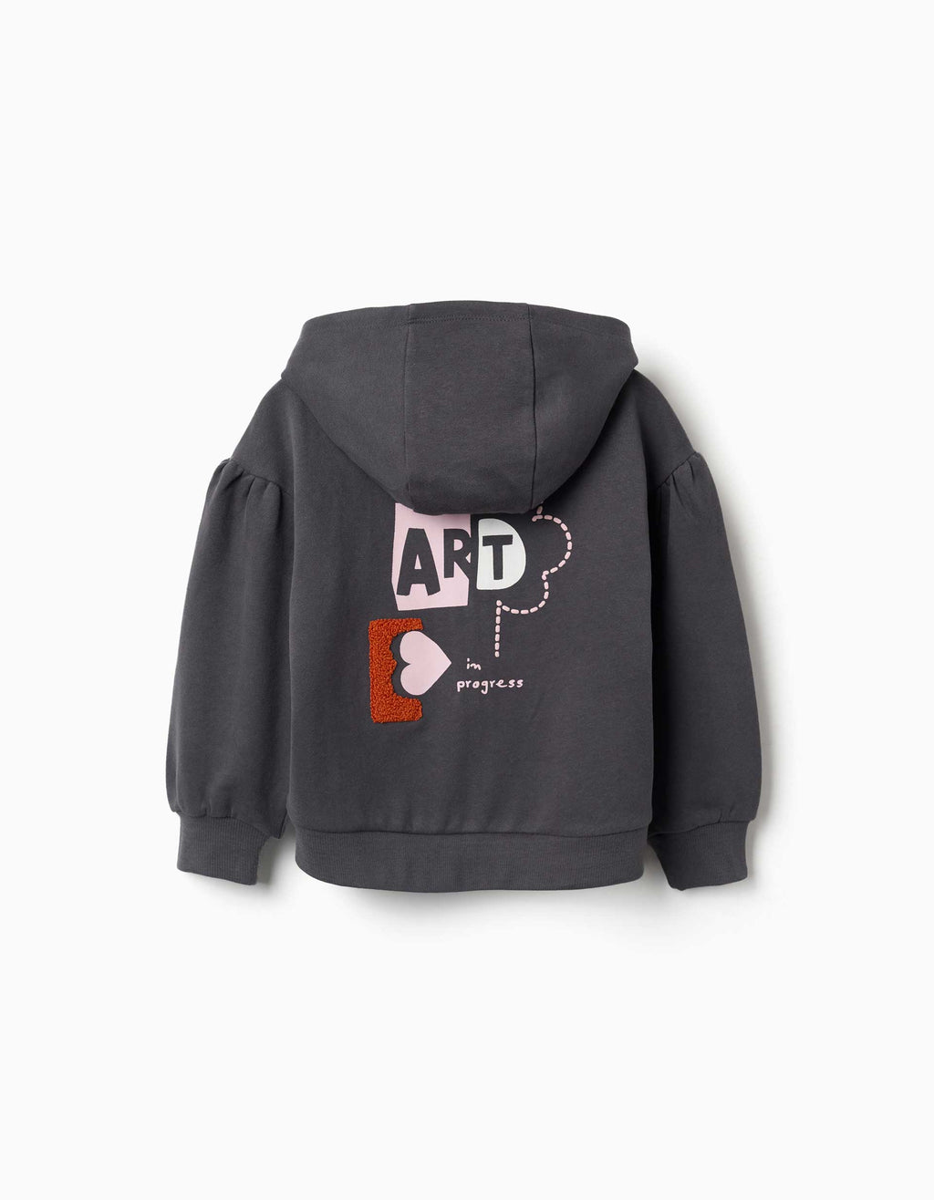 Cotton hooded jacket with flower print for girls, dark grey