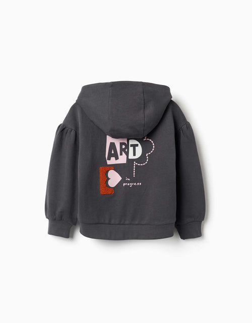 Cotton hooded jacket with flower print for girls, dark grey