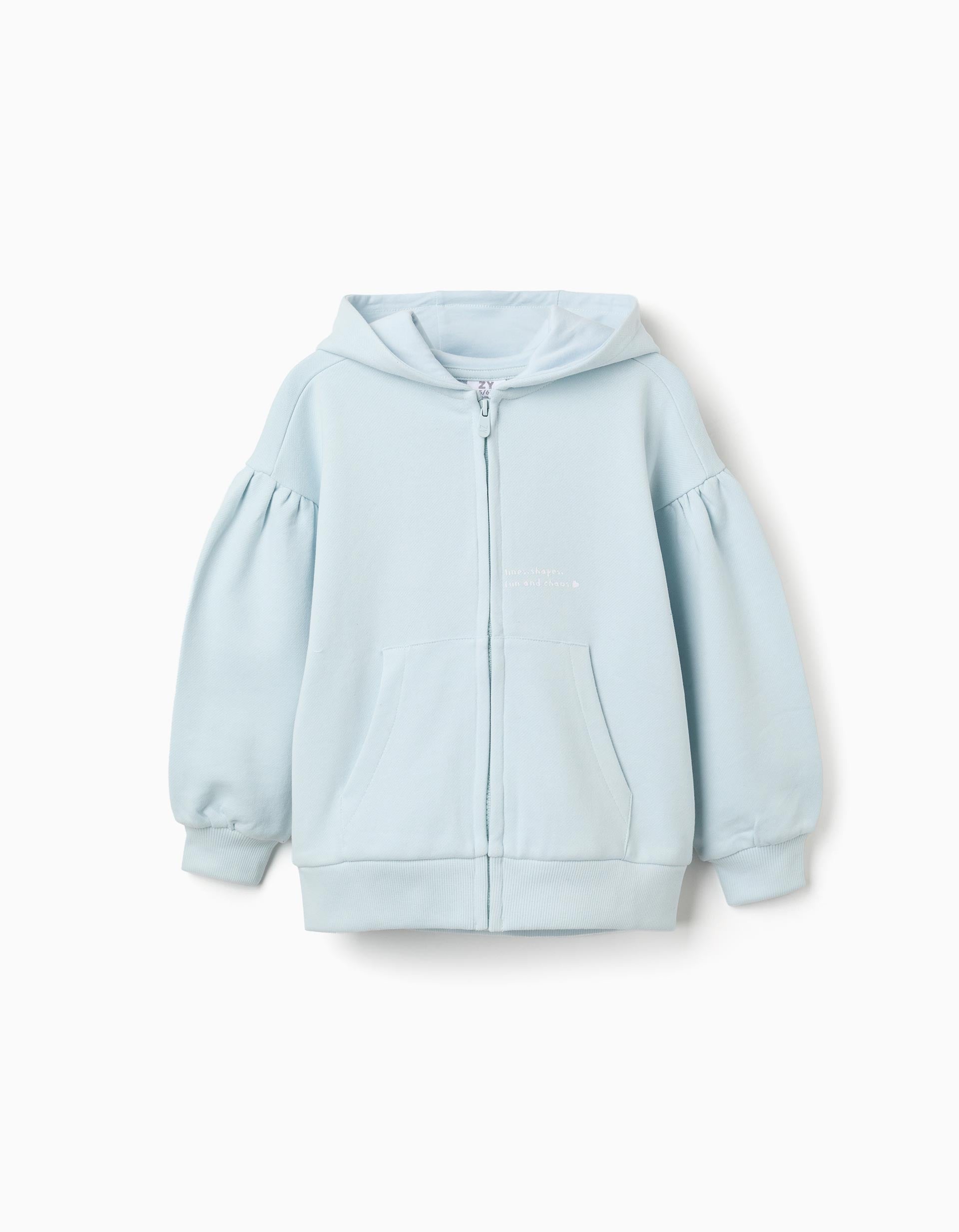 Cotton hooded jacket with flower print for girls, light blue