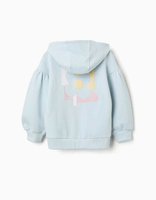 Cotton hooded jacket with flower print for girls, light blue
