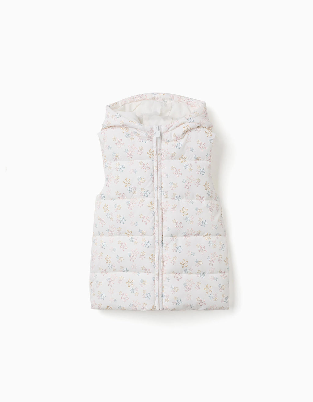 Hooded puffer vest with floral pattern for girls, white