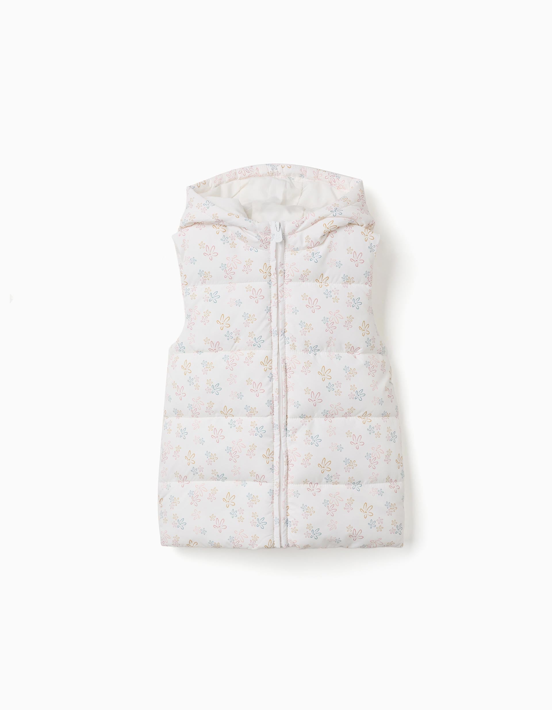 Hooded puffer vest with floral pattern for girls, white