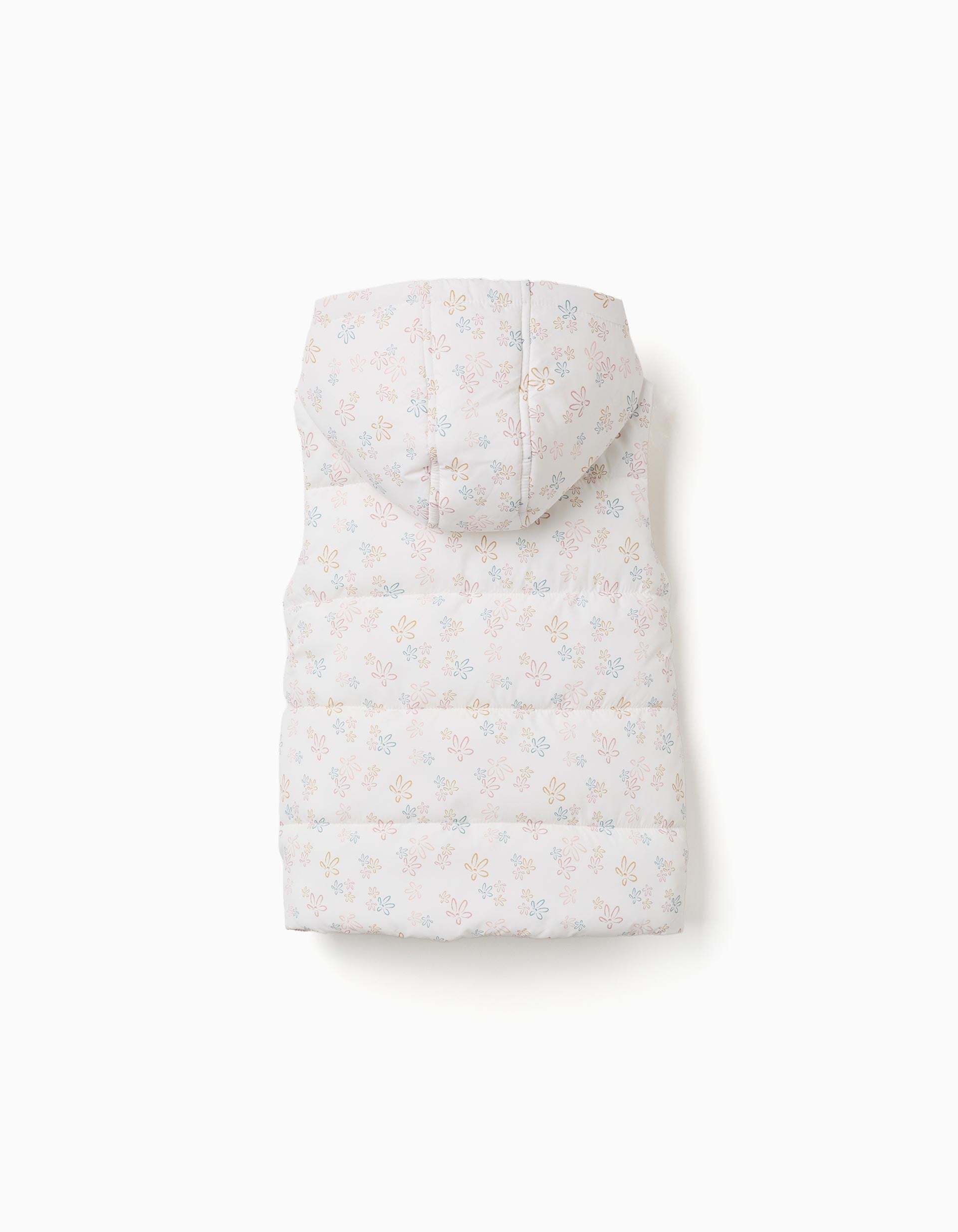 Hooded puffer vest with floral pattern for girls, white