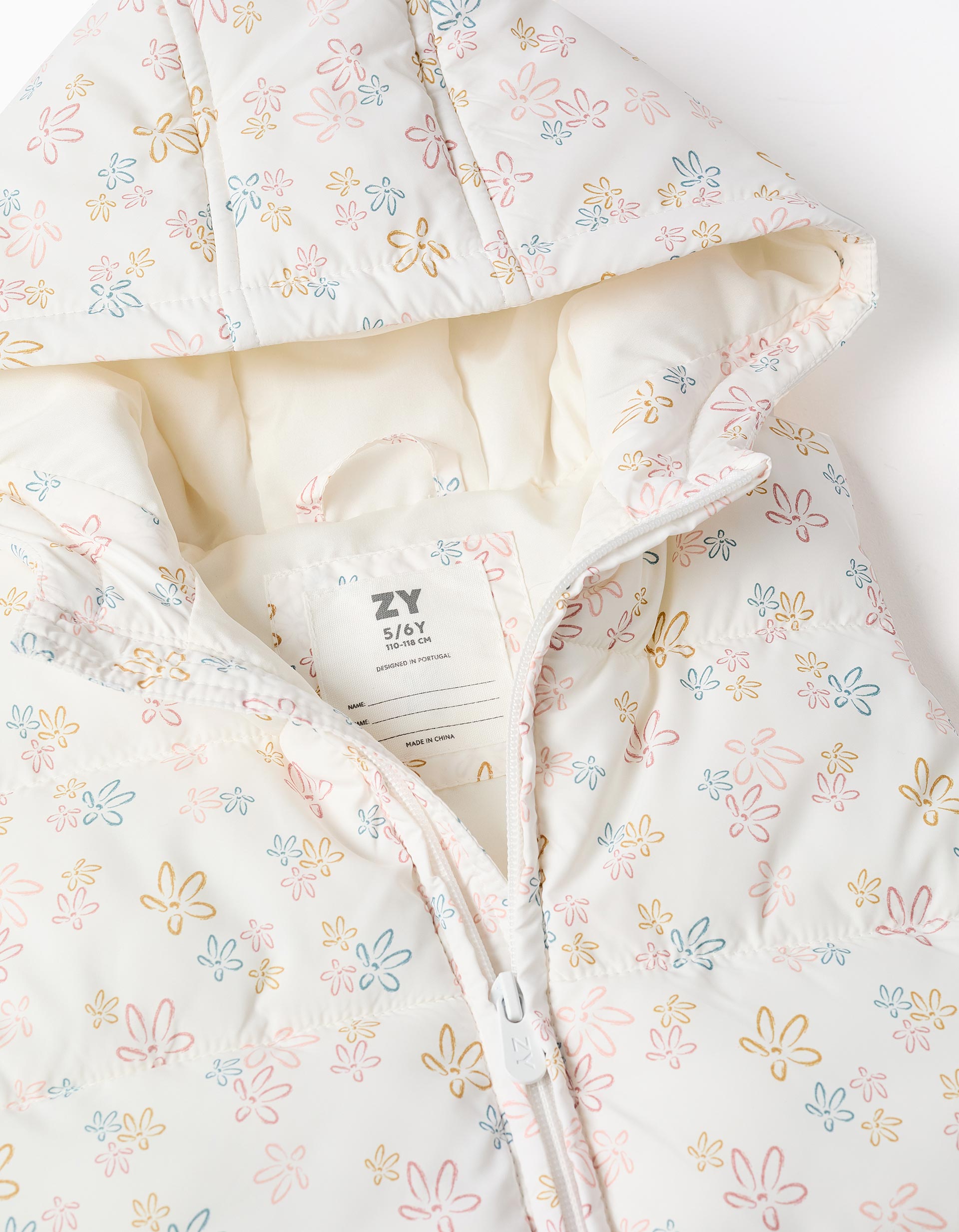 Hooded puffer vest with floral pattern for girls, white