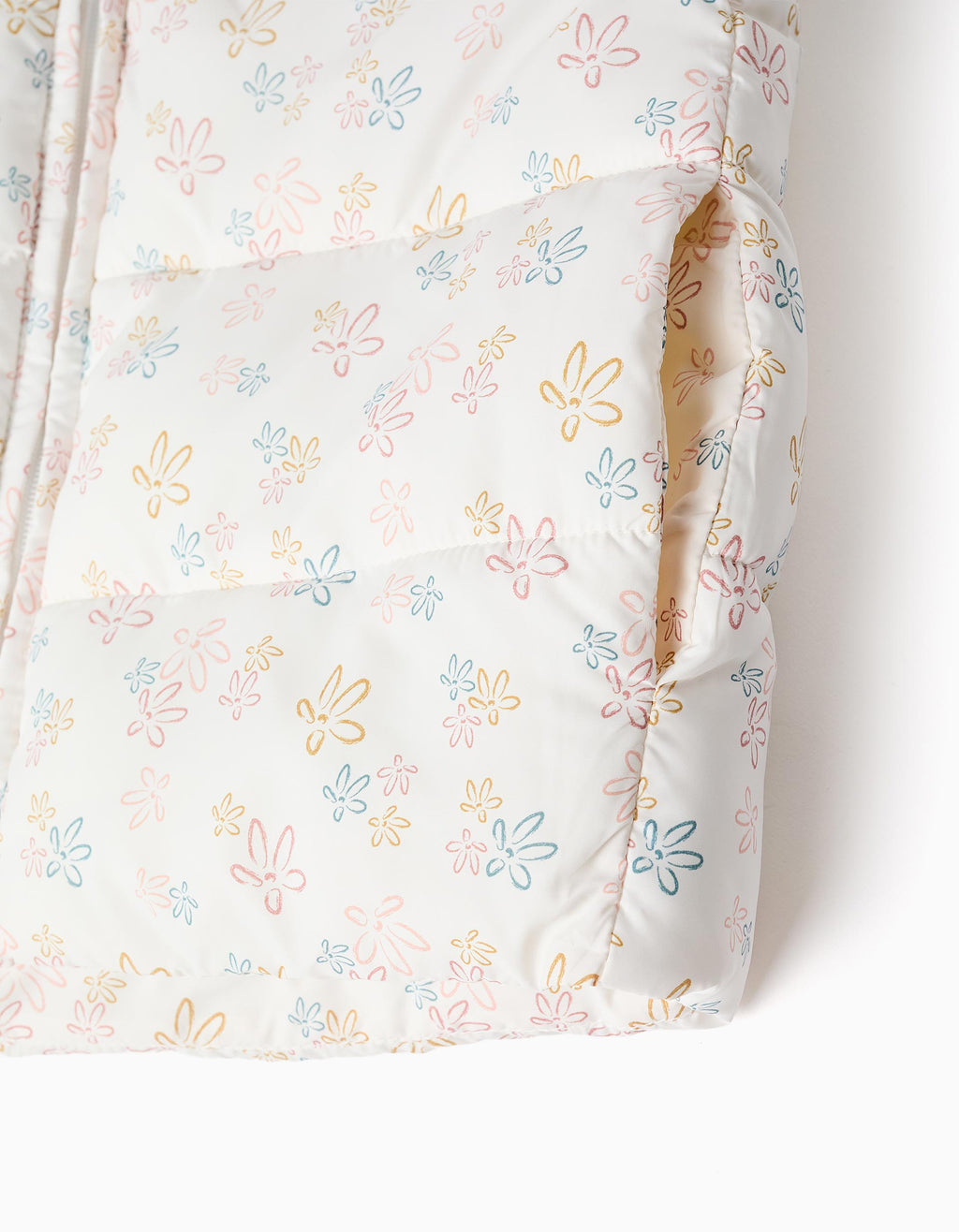 Hooded puffer vest with floral pattern for girls, white