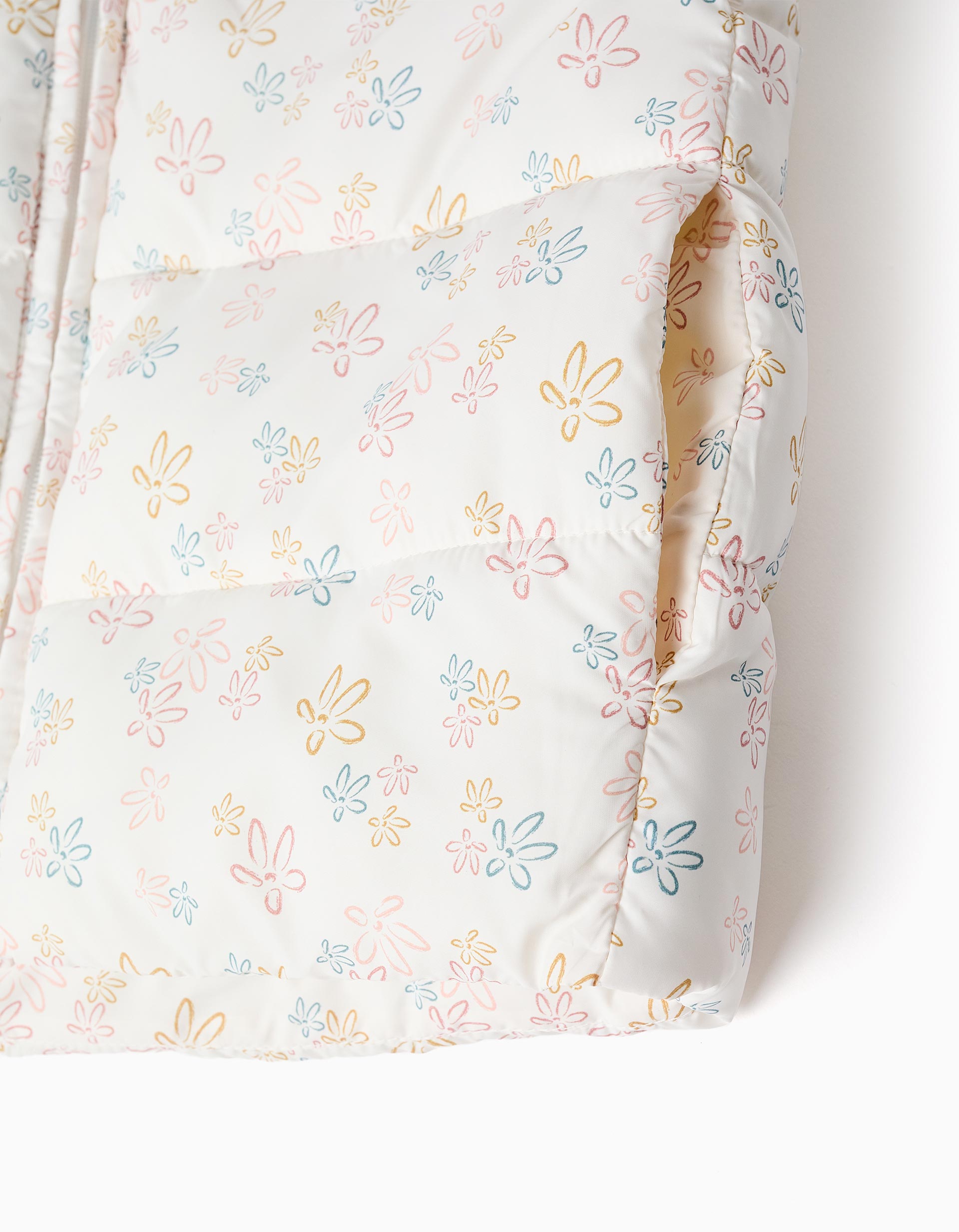 Hooded puffer vest with floral pattern for girls, white
