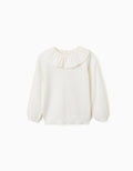 Knitted jumper with ruffled collar for girls, white