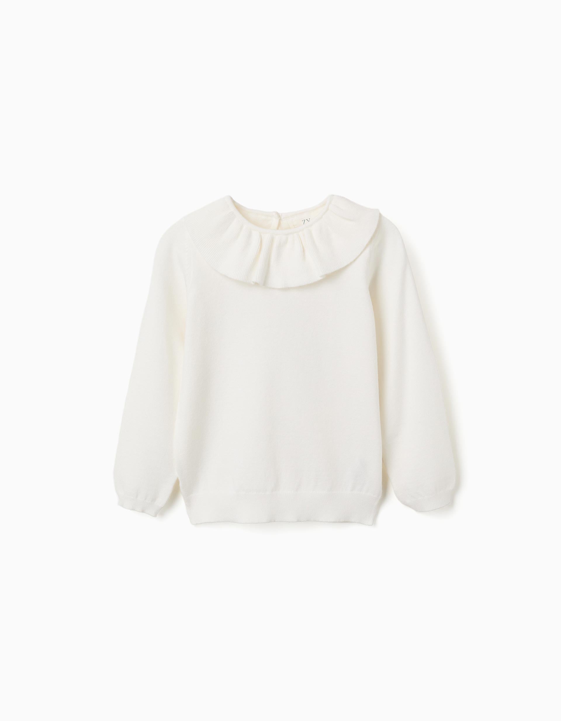 Knitted jumper with ruffled collar for girls, white