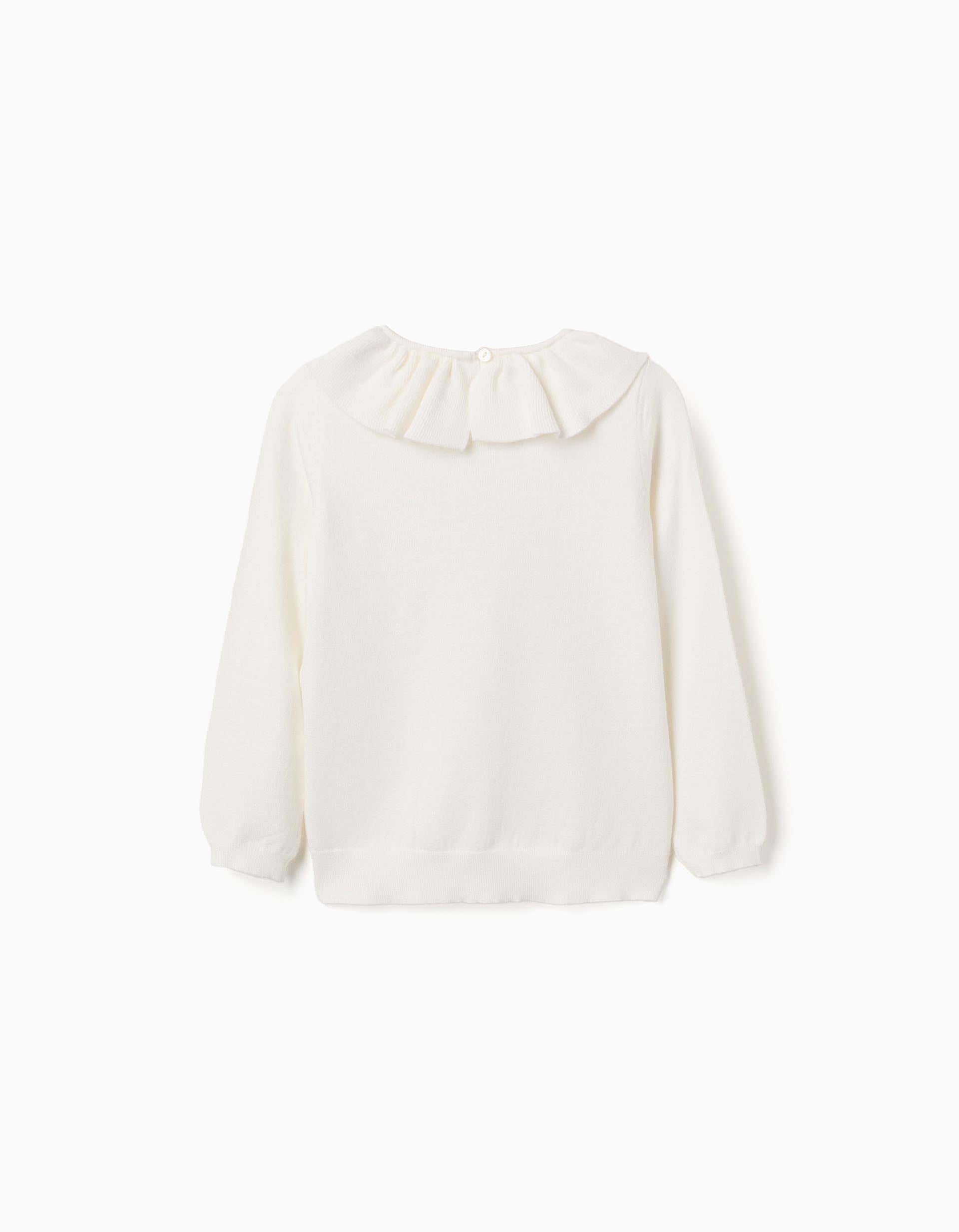 Knitted jumper with ruffled collar for girls, white