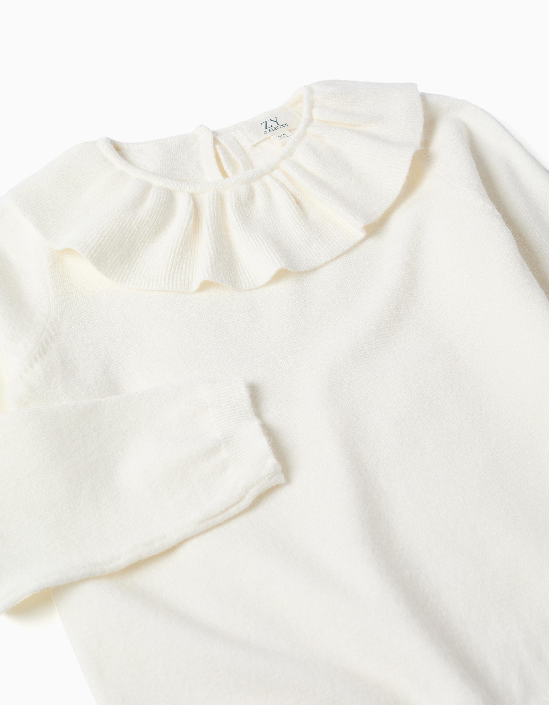 Knitted jumper with ruffled collar for girls, white