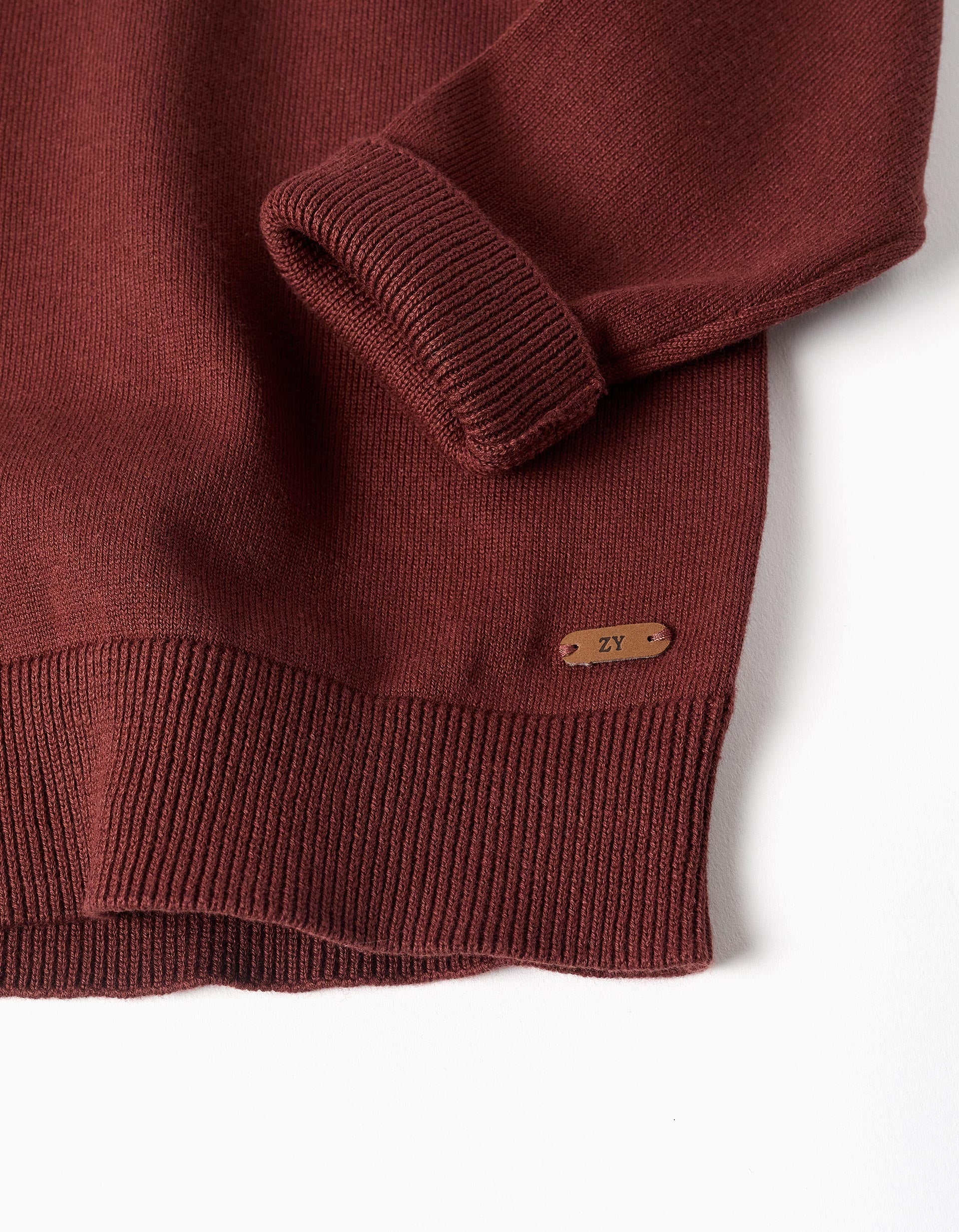 Knitted jumper with ribbed ends for boys, brown