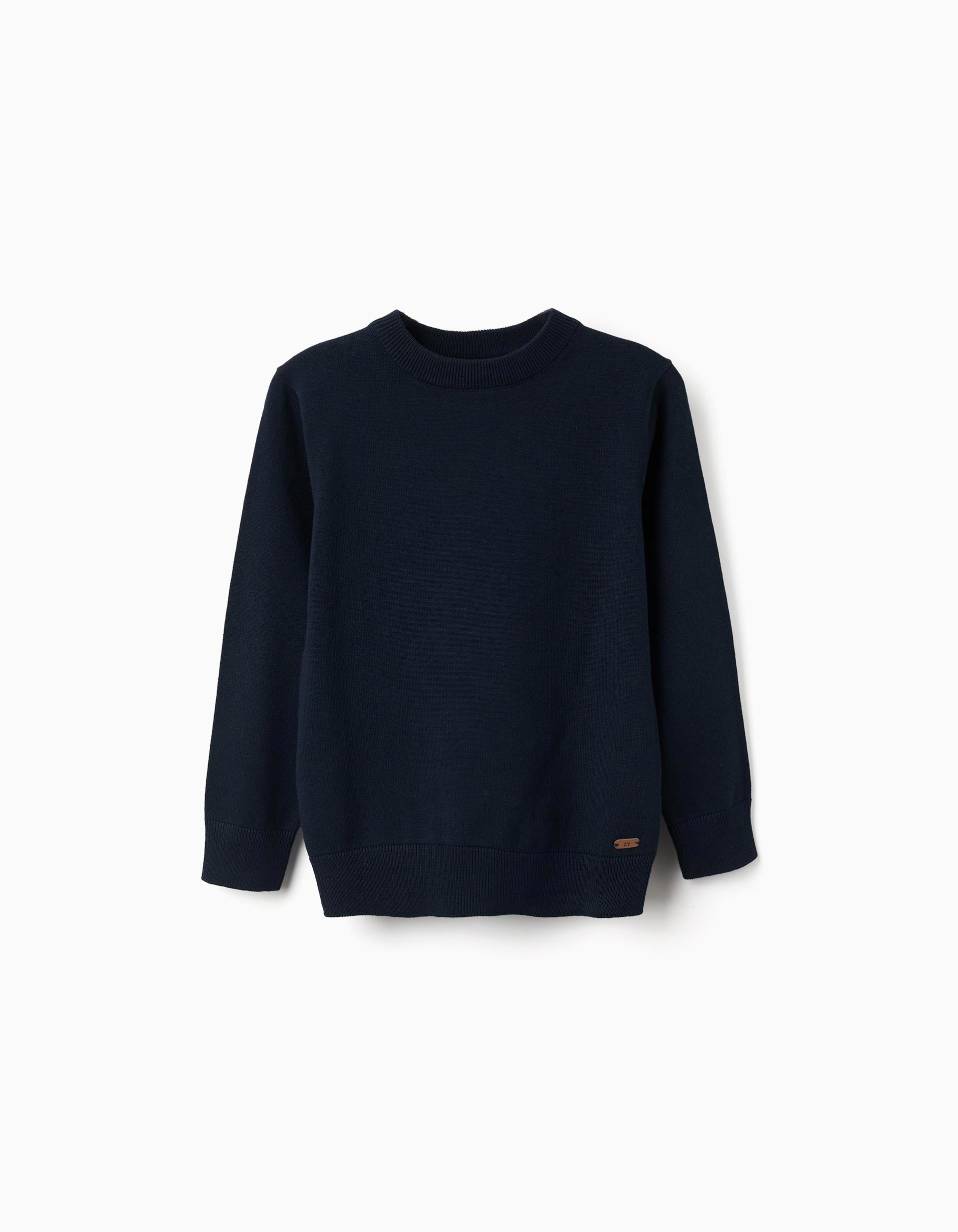 Knitted jumper with ribbed ends for boys, navy blue