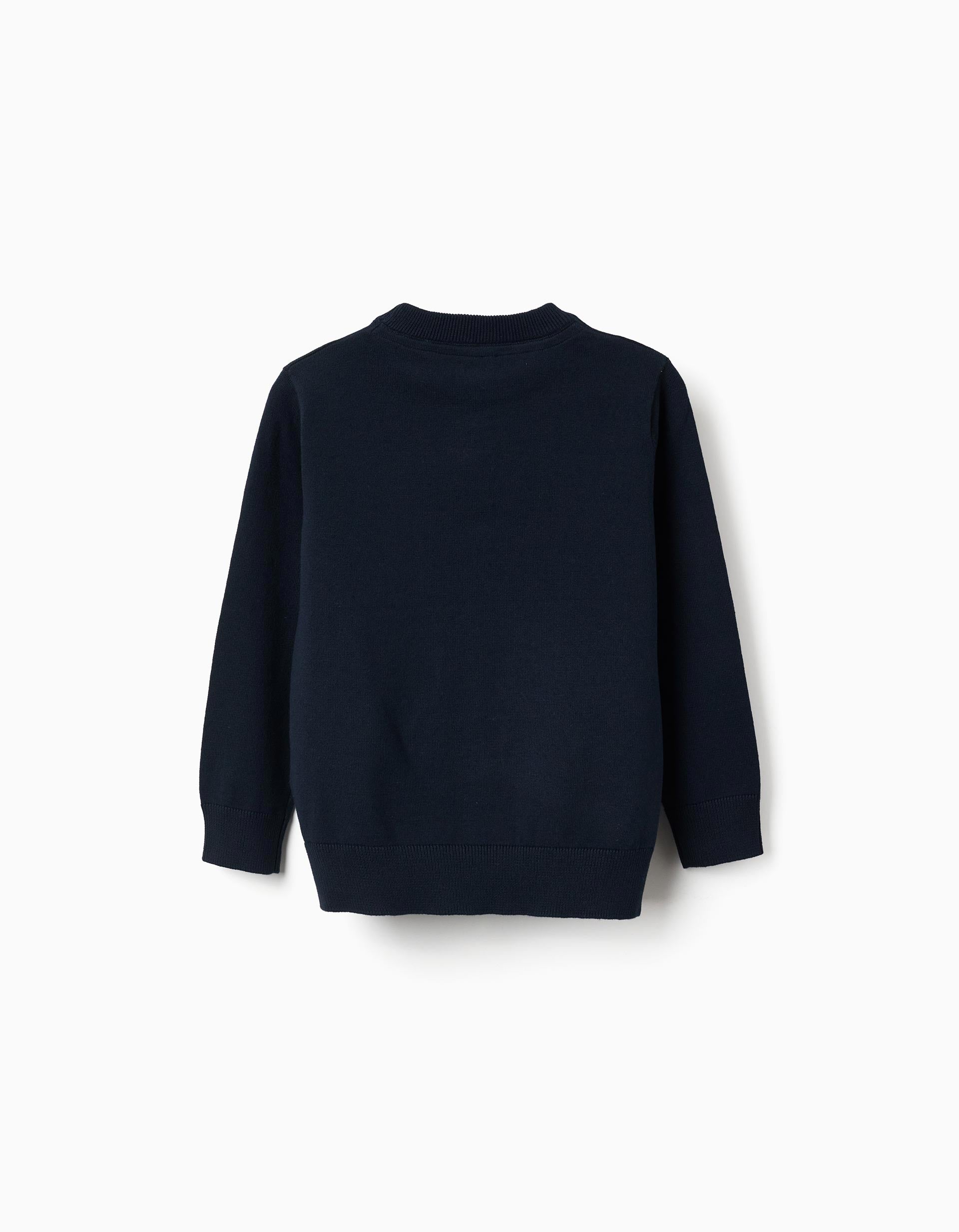 Knitted jumper with ribbed ends for boys, navy blue