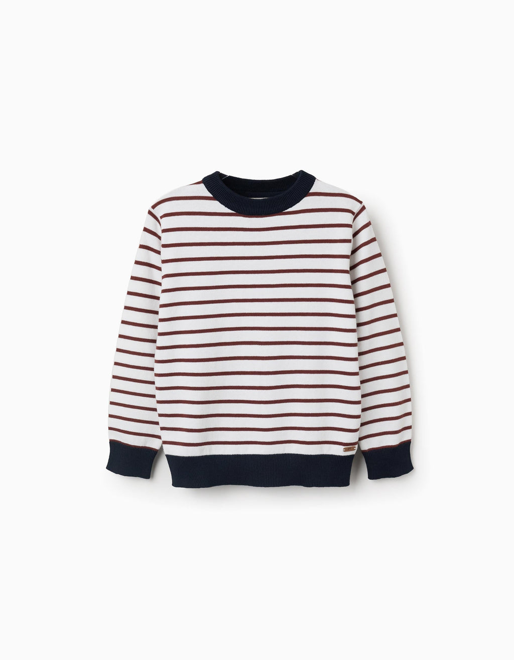 Striped knitted jumper for boys, white/brown/navy blue