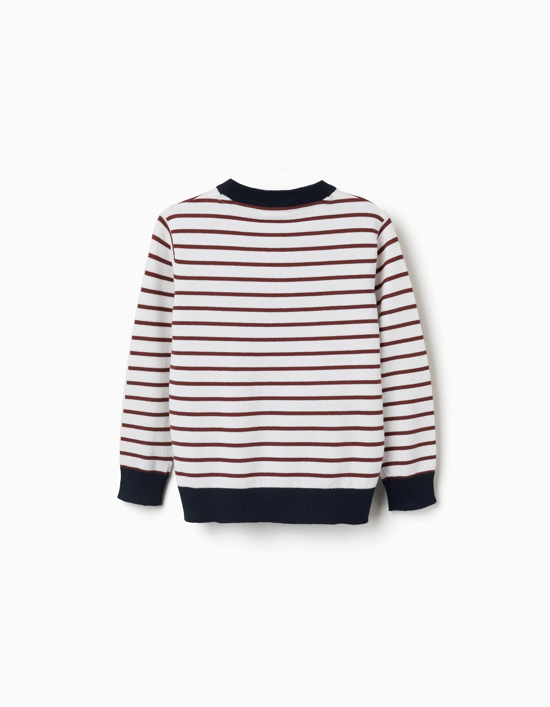 Striped knitted jumper for boys, white/brown/navy blue