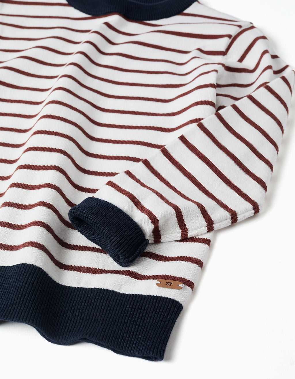 Striped knitted jumper for boys, white/brown/navy blue