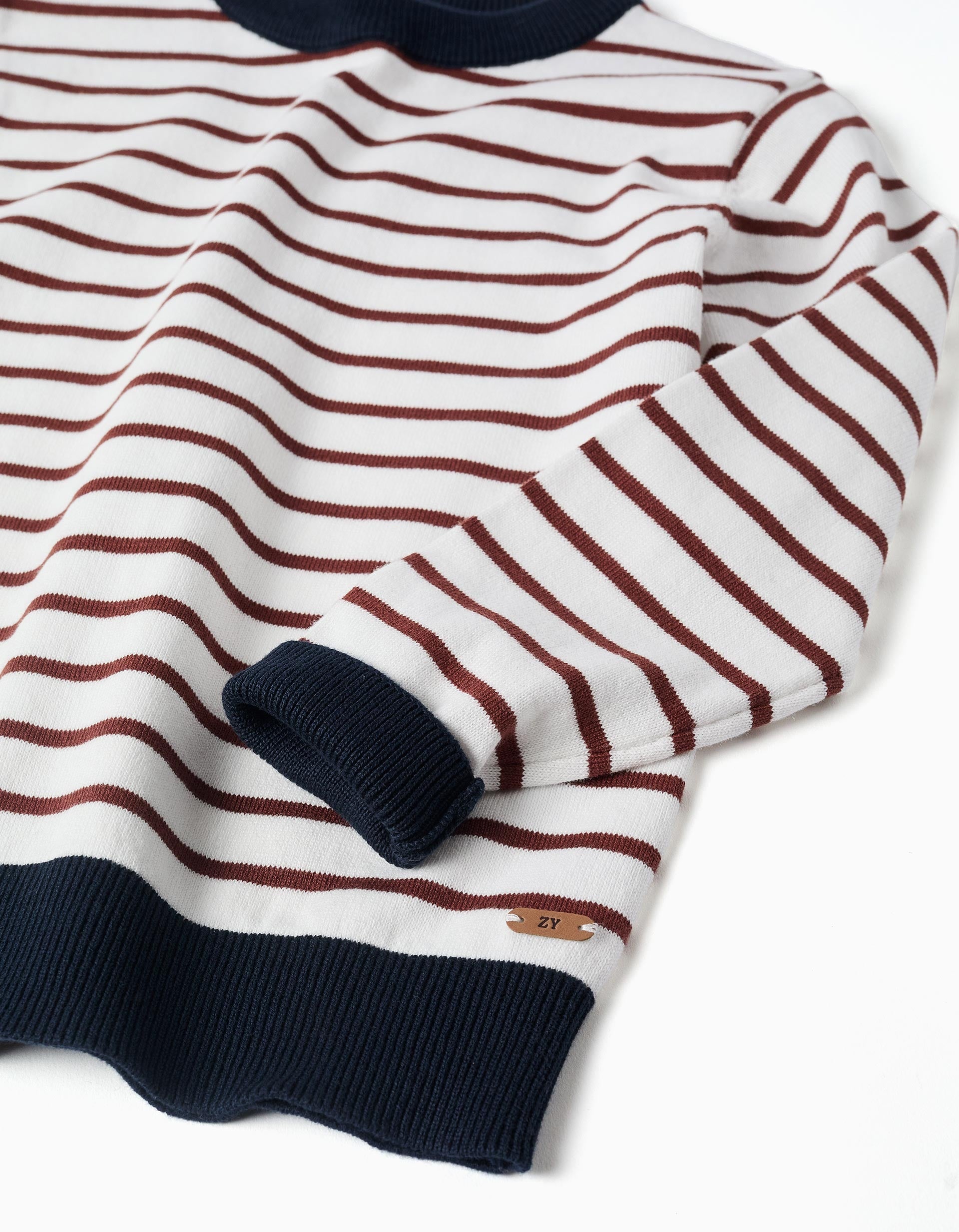 Striped knitted jumper for boys, white/brown/navy blue