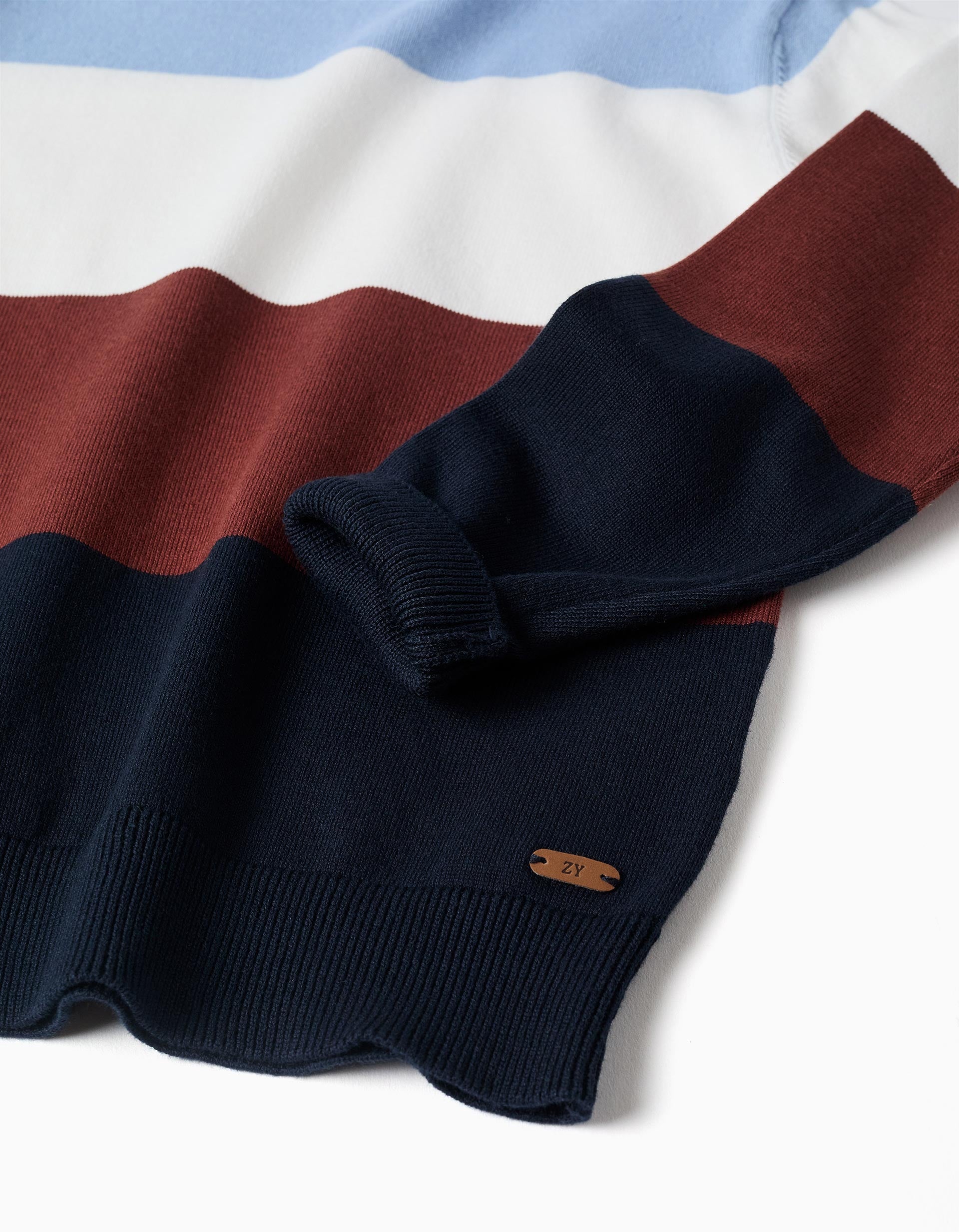 Knitted jumper with colour block for boys, blue/white/brown
