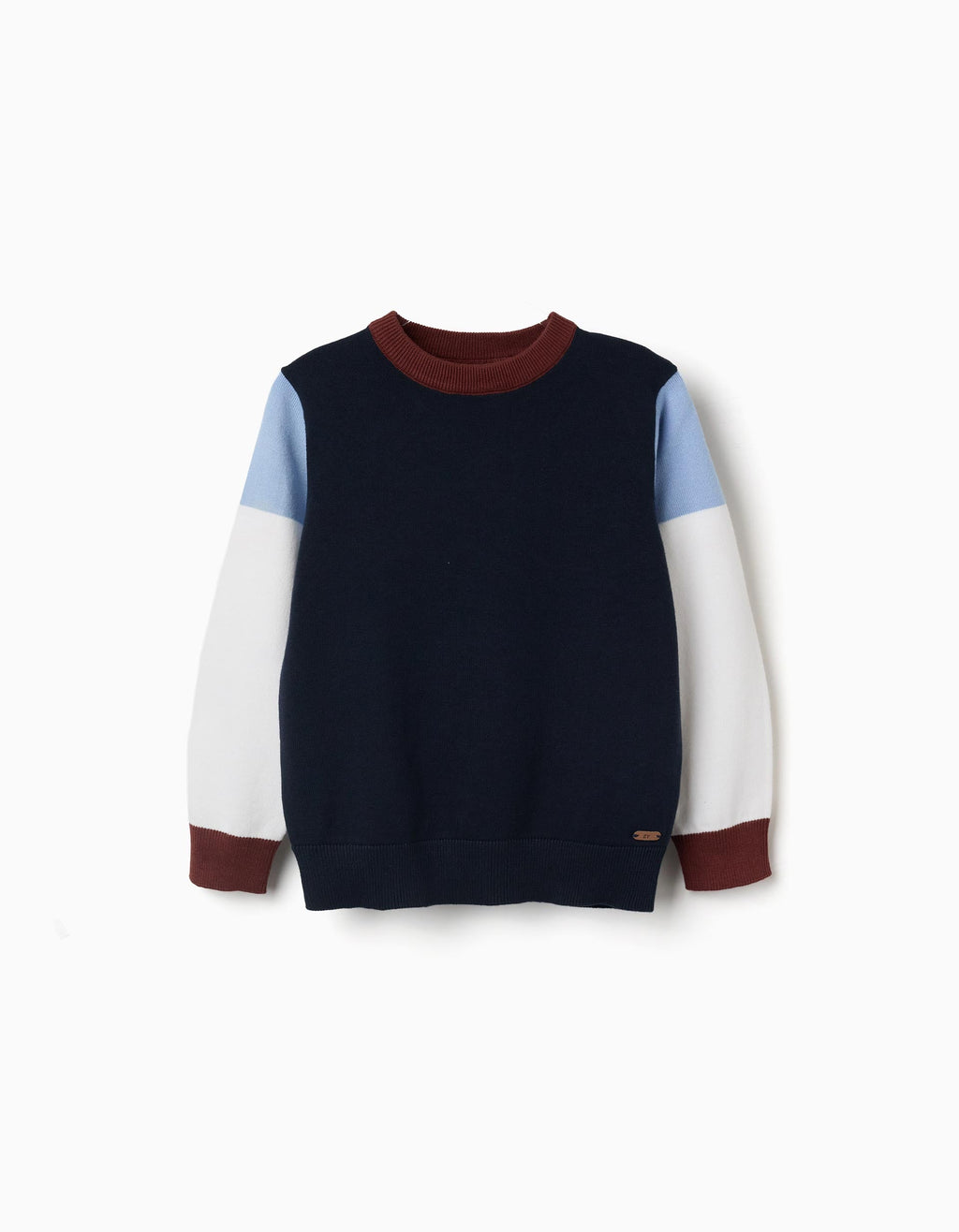 Knitted jumper with colour block for boys, navy blue/white/brown