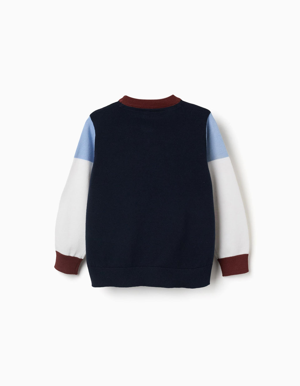 Knitted jumper with colour block for boys, navy blue/white/brown