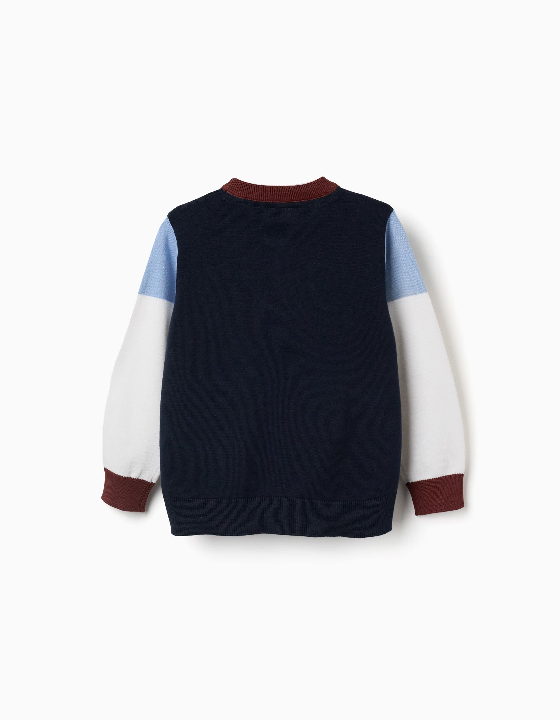 Knitted jumper with colour block for boys, navy blue/white/brown