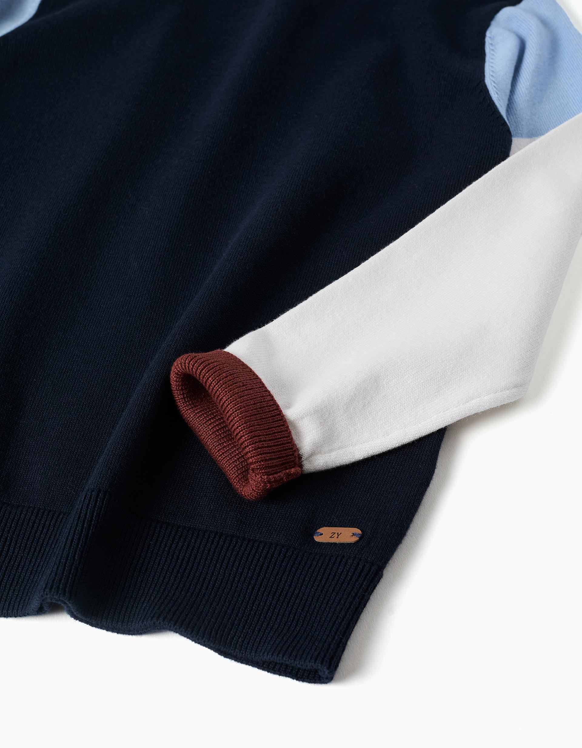 Knitted jumper with colour block for boys, navy blue/white/brown