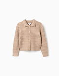 Cardigan in cable and openwork knit for girls, beige