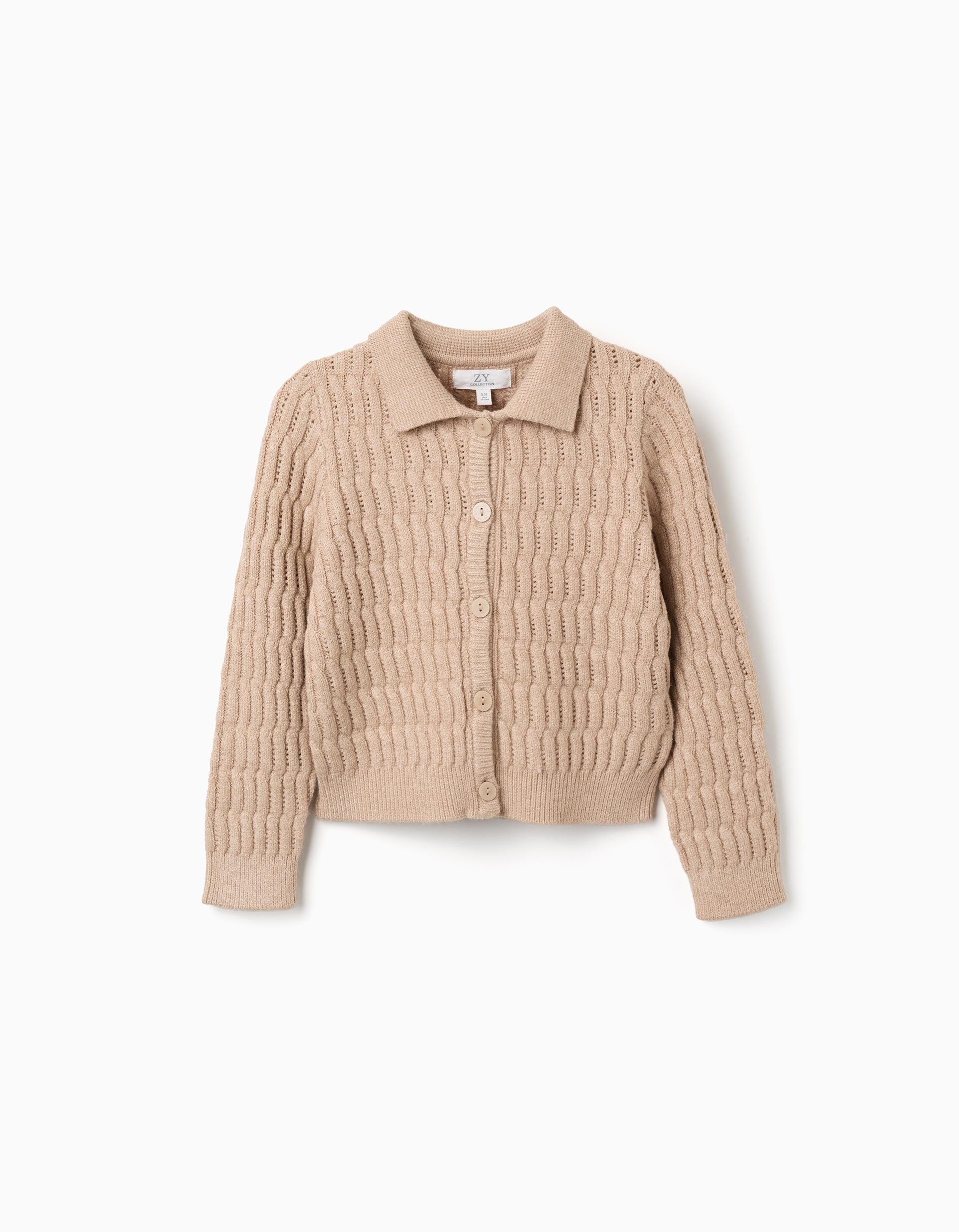 Cardigan in cable and openwork knit for girls, beige